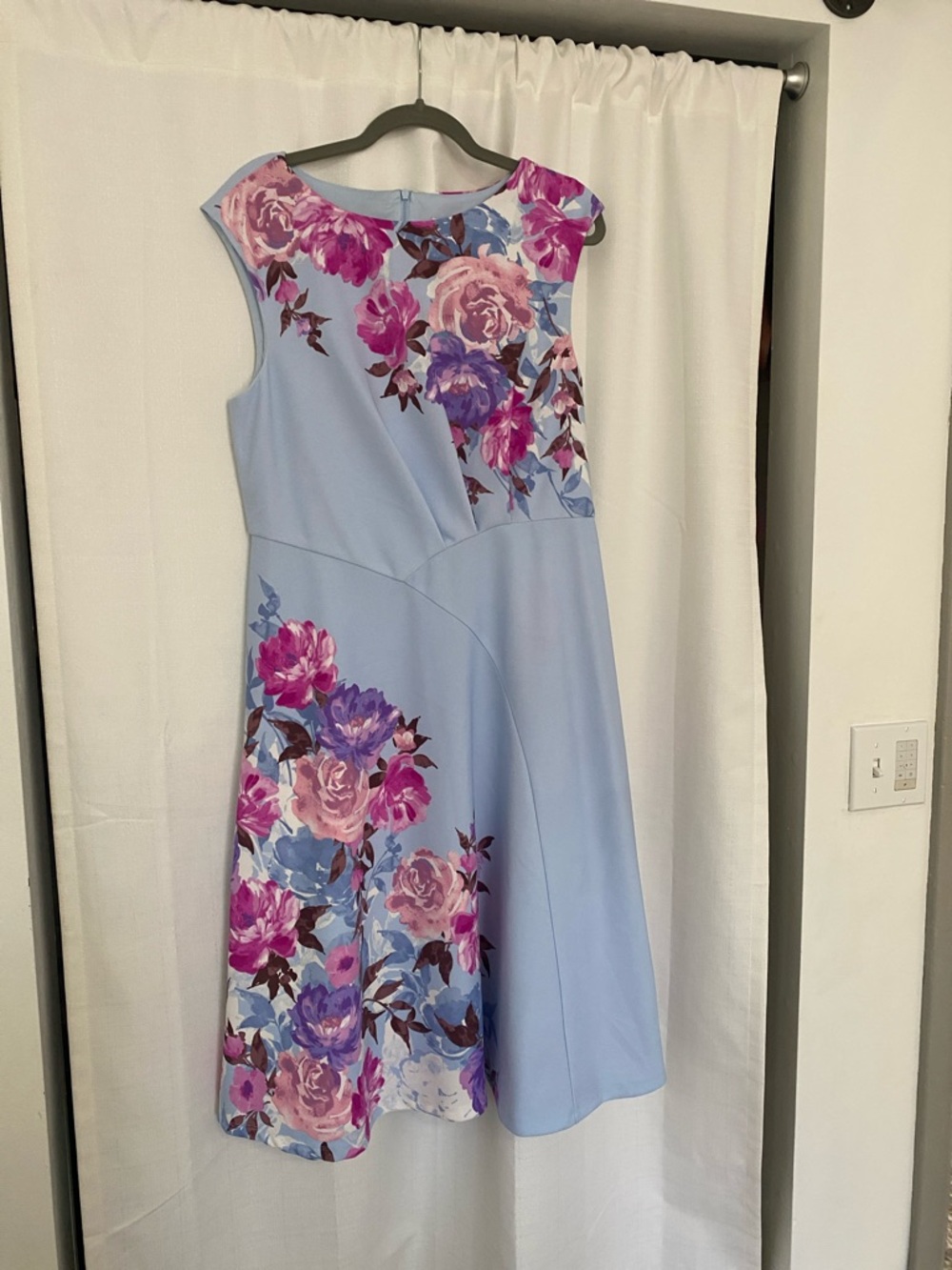 London Times Light Blue Floral Midi Dress with Pink & Purple Blooms
